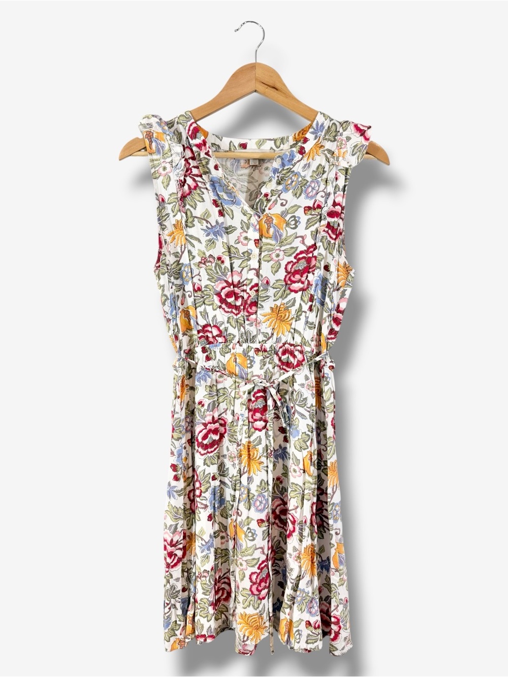 Loft Ivory Floral Fit & Flare Dress Size M Belted Tie Waist Flutter Sleeve